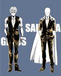  2boys absurdres bald cape character_name colored_sclera commentary_request cyborg elbow_gloves formal genos gloves greyscale hand_in_pocket hands_in_pockets highres male_focus mechanical_arms mochishio monochrome multiple_boys necktie one-punch_man saitama_(one-punch_man) spot_color suit torn_jacket 