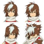  1boy animal_ears brown_eyes brown_hair caius_qualls expressions hair_between_eyes lowres male_focus red_hair sad scrunchie smile tales_of_(series) tales_of_the_tempest tempyou_kango upper_body white_background white_hair white_scrunchie wolf_boy wolf_ears 