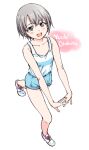  1girl :d blue_shorts blush breasts collarbone green_eyes hamao idolmaster idolmaster_cinderella_girls open_mouth otokura_yuuki purple_hair shoes shorts simple_background small_breasts smile sneakers solo stretching tank_top white_background white_footwear white_tank_top 