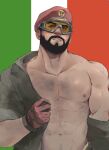  1boy abs arm_hair bara bare_pectorals beard character_request chest_hair come_hither facial_hair flag_background goggles hairy italian_flag large_pectorals looking_at_viewer male_focus mature_male muscular muscular_male navel navel_hair nipples open_clothes open_shirt pectorals rainbow_six_siege saury_dog seductive_smile short_hair single_bare_shoulder smile solo stomach undressing 