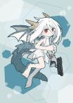  1girl absurdres blue_nails blush bracelet chibi dragon_girl dragon_wings dress expressionless from_side full_body gun hexagon highres jewelry long_hair looking_at_viewer original red_eyes scales sirokoucha sleeveless solo tail weapon white_dress white_hair wings 