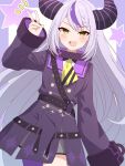  1girl absurdres ascot black_collar blush braid braided_bangs coat coat_dress collar demon_horns grey_hair highres hololive horns kuchitani la+_darknesss la+_darknesss_(1st_costume) long_hair looking_at_viewer metal_collar multicolored_hair pantyhose pointy_ears purple_coat purple_hair purple_pantyhose single_braid single_leg_pantyhose sleeves_past_wrists smile solo streaked_hair v very_long_hair virtual_youtuber yellow_ascot yellow_eyes 