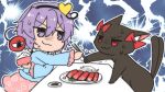  1girl :3 animal_ear_fluff black_cat blue_jacket bow cat chopsticks fish food frills hair_ornament heart heart_hair_ornament highres holding holding_food jacket kaenbyou_rin komeiji_satori leaf lightning looking_to_the_side multiple_tails noai_nioshi noodles pink_skirt plate purple_eyes purple_hair red_bow red_eyes rice short_hair signature simple_background skirt soy_sauce sparkle spiral_print sweatdrop table tail third_eye touhou two_tails 