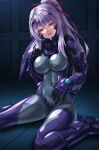  1girl armored_bodysuit blue_bodysuit blue_eyes bodysuit breasts commentary_request covered_nipples dianochika_jerutowa fortified_suit hair_ribbon half-closed_eyes hand_on_own_chest highres impossible_bodysuit impossible_clothes kurione_(zassou) large_breasts long_hair muv-luv muv-luv_alternative naughty_face on_ground original parted_lips ponytail purple_hair ribbon shiny_clothes sitting solo wariza 