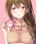  1girl bare_shoulders blush braid braided_ponytail breasts brown_eyes brown_hair brown_sweater dot_nose earrings hair_over_shoulder hand_up holding holding_eyewear idolmaster idolmaster_shiny_colors jewelry kuwayama_chiyuki large_breasts long_hair looking_at_viewer mitsuki_(omezame_alice) open_mouth pink-framed_eyewear semi-rimless_eyewear single_braid sleeveless sleeveless_sweater solo striped striped_sweater sweater turtleneck turtleneck_sweater under-rim_eyewear upper_body 