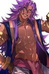  1boy absurdres bare_shoulders bhima_(fate) cowboy_shot dark-skinned_male dark_skin eeju fate/grand_order fate_(series) floating_hair gauntlets gold_trim highres indian_clothes long_hair looking_to_the_side male_focus pelvic_curtain purple_eyes purple_hair purple_vest simple_background smile solo toned toned_male very_long_hair vest 