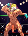  abs animal_head bodily_fluids fighting_ring flexing_bicep for_a_head foreskin genitals hi_res human invalid_tag iudicium86 king_(tekken) male mammal mask muscular nipples nude pecs penis solo sweat tekken vein veiny_penis 