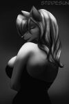  absurd_res aeril_(helios) anthro back big_breasts black_and_white breasts canid canine clothing dress eyes_closed female fox hair hi_res long_hair mammal monochrome solo sunstripe tagme 