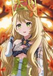  1girl :d absurdres autumn_leaves bare_shoulders blonde_hair breasts butterfly_hair_ornament celine_(fire_emblem) crown detached_sleeves dress falling_leaves fire_emblem fire_emblem_engage green_dress green_eyes hair_ornament hand_in_own_hair highres leaf long_hair looking_at_viewer open_mouth shiina_(shiina_c) small_breasts smile solo teeth tree upper_body upper_teeth_only 