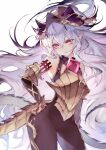  1girl :t bare_shoulders bodystocking closed_mouth cowboy_shot detached_sleeves elbow_pads frown gauntlets glaring granblue_fantasy grey_hair groin hand_on_own_hip headpiece kanaria_(fuusenkazura) long_hair looking_at_viewer medusa_(shingeki_no_bahamut) pointy_ears red_eyes solo split_mouth tail v-shaped_eyebrows very_long_hair white_background 