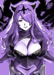  1girl artist_name ass_visible_through_thighs breasts camilla_(fire_emblem) cleavage fire_emblem fire_emblem_fates gauntlets hair_over_one_eye highres large_breasts long_hair looking_at_viewer missfaves panties purple_background purple_eyes purple_hair solo swept_bangs thong tiara underwear 