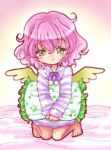  1girl angel angel_wings ayase59 bangs bed bed_sheet blush curly_hair green_eyes harpy_(puyopuyo) looking_at_viewer pajamas pillow pink_hair puyopuyo short_hair solo wings yellow_wings 