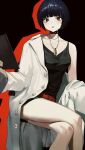  1girl absurdres bags_under_eyes bare_legs black_camisole black_choker black_hair blunt_bangs breasts camisole choker clipboard coat collarbone crossed_legs feet_out_of_frame highres holding holding_clipboard lab_coat looking_at_viewer medium_breasts parted_lips persona persona_5 short_hair simple_background single_bare_shoulder sitting solo takemi_tae white_coat yougashi 