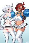  2girls ahoge ass black_hairband black_sleeves blue_eyes breasts cheerleader cleavage cleavage_cutout clothing_cutout commission crop_top dark-skinned_female dark_skin detached_sleeves english_commentary grey_eyes grey_hair gundam gundam_suisei_no_majo hair_between_eyes hairband highres holding holding_pom_poms huge_breasts long_hair low_ponytail miniskirt miorine_rembran multiple_girls navel panties pleated_skirt pom_pom_(cheerleading) red_hair red_panties side-tie_panties skirt small_breasts suletta_mercury tabletknight thick_eyebrows thighhighs thong underwear very_long_hair white_skirt white_sleeves white_thighhighs 