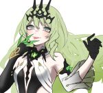  1girl :p asymmetrical_gloves bare_shoulders black_gloves breasts claw_ring closed_mouth commentary_request detached_sleeves dress elbow_gloves floating_hair gloves green_eyes green_hair grey_sleeves hair_between_eyes hands_up honkai_(series) honkai_impact_3rd long_hair long_sleeves looking_at_viewer mobius_(honkai_impact) simple_background single_detached_sleeve single_elbow_glove small_breasts smile solo tongue tongue_out upper_body very_long_hair white_background white_dress yunomi_(yunomi_hs) 