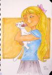  1girl aino_minako animal artemis_(sailor_moon) bishoujo_senshi_sailor_moon bow cat codename_wa_sailor_v dress hair_bow holding holding_animal holding_cat hug licking licking_another&#039;s_face one_eye_closed saliva smile 