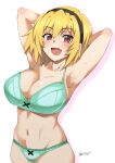  1girl aoi_manabu armpits arms_behind_head black_hairband blonde_hair blush bra breasts cleavage collarbone commission dated fang green_bra green_panties groin hairband highres higurashi_no_naku_koro_ni houjou_satoko large_breasts navel open_mouth panties pixiv_commission red_eyes short_hair signature simple_background smile solo underwear white_background 