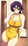  1girl apron averting_eyes blurry blurry_background breasts breasts_apart collarbone commission english_commentary eyepatch hand_up highres indoors large_breasts leaning_to_the_side lindaroze medium_hair mirai_nikki naked_apron purple_eyes purple_hair solo thighs twitter_username uryuu_minene web_address yellow_apron 