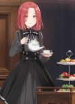  1girl black_dress brown_eyes closed_mouth commentary_request cup dress grete_(spy_kyoushitsu) grey_dress long_dress looking_at_viewer parted_bangs parted_hair pouring red_hair serving short_hair smile solo spy_kyoushitsu teacup teapot tiered_tray tomari_(veryberry00) underbust 