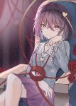  1girl armchair black_hairband blue_shirt buttons chair flower frilled_sleeves frills hairband head_rest heart_button hegata_(hegatia_lapis) highres komeiji_satori looking_at_viewer purple_eyes purple_hair purple_skirt shirt short_hair sitting skirt solo third_eye touhou wide_sleeves 