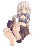  1girl arm_support bandages barefoot blush braid breasts brown_pants chaosexceed closed_mouth commission crossed_legs english_commentary eyelashes feet fingerless_gloves foot_focus foreshortening fur_trim gloves gold_trim green_eyes grey_hair hand_on_own_knee highres looking_at_viewer medium_breasts midriff mixed-language_commentary navel on_ground original pants pointy_ears simple_background sitting soles solo spread_toes toenails toes twin_braids white_background 