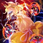  1girl absurdres blonde_hair dungeon_toaster electricity highres japanese_clothes ponytail ribbon-trimmed_sleeves ribbon_trim solo touhou touhou_(pc-98) wide_sleeves yellow_eyes yuugenmagan 