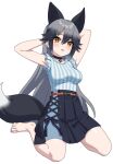  1girl animal_ears barefoot black_choker black_skirt blue_shirt blue_skirt blush casual choker commission extra_ears fox_ears fox_girl fox_tail frilled_sleeves frills grey_hair hair_between_eyes hair_ornament hairclip hatagaya jewelry kemono_friends kemono_friends_3 long_hair looking_at_viewer multicolored_hair necklace official_alternate_costume orange_eyes pleated_skirt seiza shirt short_sleeves sidelocks silver_fox_(kemono_friends) sitting skeb_commission skirt solo striped striped_shirt tail two-tone_shirt two-tone_skirt vertical-striped_shirt vertical_stripes white_shirt 