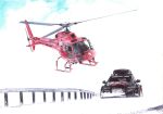  absurdres aircraft audi audi_rs6 ballpoint_pen_(medium) car cloud english_commentary flying guard_rail helicopter highres license_plate motor_vehicle no_humans original pavlo_scherbatyuk sky snow traditional_media vehicle_focus 