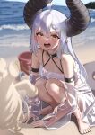  1girl alternate_costume arimoto_wataru arm_strap beach bikini blurry blurry_background blush braid braided_bangs breasts choker commentary_request day demon_horns eyelashes feet frilled_bikini frills full_body hair_between_eyes highres hololive horns jacket knees_together_feet_apart la+_darknesss light_purple_hair long_hair looking_at_viewer o-ring o-ring_choker off_shoulder open_mouth outdoors pointy_ears sand see-through see-through_jacket sidelocks small_breasts solo squatting striped_horns swimsuit toes virtual_youtuber yellow_eyes 