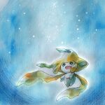  black_eyes blue_background creature facial_mark floating gamiko_chopin highres jirachi no_humans no_nose open_mouth painting_(medium) pokemon pokemon_(creature) sky solo star_(sky) starry_sky traditional_media watercolor_(medium) 