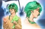  1boy absurdres artist_name brown_sweater collarbone eyewear_on_head ezreal green-tinted_eyewear green_hair hair_between_eyes heartsteel_ezreal highres hlepopechka_(oggihelga) holding holding_stuffed_toy jewelry league_of_legends long_hair long_sleeves male_focus multiple_views necklace parted_lips profile speech_bubble stuffed_animal stuffed_cat stuffed_toy sunglasses sweater teeth tinted_eyewear translation_request 