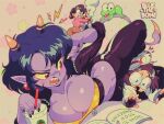  &gt;_&lt; 1980s_(style) 3girls anger_vein angry artist_name ass bluethebone book breasts colored_sclera colored_skin drinking_straw earrings eyecatch family foot_on_head frog glasses highres horns jewelry large_breasts mama_(punch_punch_forever!) matsumoto_gogo matsumoto_nono mother_and_daughter multiple_girls pointy_ears punch_punch_forever! purple_skin red_eyes retro_artstyle sharp_teeth siblings sisters tail teeth track_suit yellow_sclera 