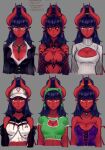  1girl bare_shoulders baseball_cap bead_bracelet beads between_breasts black_choker black_sclera blue_hair blunt_bangs bracelet breasts chain choker cleavage cleavage_cutout clothing_cutout colored_sclera colored_skin commentary crop_top dark_blue_hair demon_girl ear_piercing earrings english_commentary english_text facial_mark frog_cutout glasses green_necktie green_shirt grey_background hat high_ponytail highres horn_ornament horns iahfy jewelry large_breasts long_hair long_sleeves looking_at_viewer multiple_views necktie necktie_between_breasts orange_eyes original piercing pointy_ears red_skin ribbed_sweater shirt simple_background smile studded_choker sweater synth_(iahfy) tail turtleneck turtleneck_sweater white_headwear white_sweater 