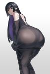 1girl ass black_dress black_hair bocchi_the_rock! closed_mouth colored_inner_hair dress ear_piercing highres huge_ass i_kitsugi leaning_forward long_hair long_sleeves looking_at_viewer looking_back multicolored_hair pa-san panties_visible_through_clothes piercing purple_hair simple_background smile solo standing white_background 