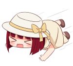  &gt;_&lt; 1girl all_fours arima_kana bow brown_bow brown_dress brown_footwear chibi closed_eyes dress full_body hana_kazari hat hat_bow highres open_mouth oshi_no_ko shoes short_sleeves solo sun_hat wavy_mouth white_background white_headwear 