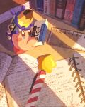  blue_eyes blush_stickers book copy_ability eraser graph highres holding kirby kirby_(series) looking_at_viewer miclot no_humans notebook open_mouth pencil pencil_drill_kirby pencil_sharpener pink_footwear ruler shoes star_wand stationery sunset table 