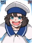  1girl artist_logo black_hair blue_eyes bob_cut daitou_(kancolle) dated dress hat highres kantai_collection one-hour_drawing_challenge open_mouth sailor_collar sailor_dress sailor_hat shizuwaza short_hair short_sleeves sidelocks smile solo teeth upper_body white_dress 