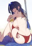  1girl absurdres ass back bandaid bangom_r bare_shoulders beach beach_towel beach_umbrella bikini birthmark black_hair blue_eyes blue_hair blunt_bangs blush bottle breasts day from_behind hair_intakes heart-shaped_birthmark highres hololive hololive_english large_breasts long_hair looking_at_viewer looking_back lotion lotion_bottle multicolored_hair mythbreakers_(hololive_english) official_alternate_hair_length official_alternate_hairstyle open_mouth ouro_kronii outdoors red_bikini sand side-tie_bikini_bottom sideboob sitting sky smile solo sunscreen swimsuit thighs towel two-tone_hair umbrella untied untied_bikini virtual_youtuber water_drop wet 