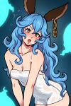  1girl akairiot animal_ears blue_hair blush breasts collarbone commentary ear_chain ferry_(granblue_fantasy) granblue_fantasy highres leaning_forward long_hair looking_at_viewer naked_towel open_mouth small_breasts solo symbol-only_commentary teeth thighs towel upper_teeth_only v_arms very_long_hair wavy_hair wet wet_towel yellow_eyes 