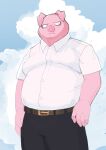  absurd_res anthro artlamelt belt bottomwear clothed clothing domestic_pig fingers fully_clothed hi_res humanoid_hands male mammal pants pink_body pink_ears pink_nose shirt solo suid suina sus_(pig) topwear white_clothing white_shirt white_topwear 
