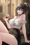  1girl absurdres alcohol bare_shoulders black_hair black_skirt blue_eyes breasts commentary_request commission cup drinking_glass highres holding holding_cup indoors korean_commentary lanyard large_breasts lillly long_hair off-shoulder_shirt off_shoulder original pencil_skirt ponytail shirt sitting skirt solo thighs very_long_hair white_shirt wine wine_glass 