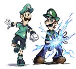  2boys blue_overalls boots brown_footwear brown_hair dual_persona facial_hair gloves green_headwear green_shirt highres lightning luigi mario_&amp;_luigi_rpg mario_(series) masanori_sato_(style) multiple_boys mustache overalls shirt shorts simple_background white_background white_gloves ya_mari_6363 