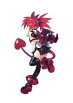  1girl black_gloves demon_girl demon_tail demon_wings disgaea earrings elbow_gloves etna_(disgaea) full_body gloves highres jewelry official_art pointy_ears red_eyes red_hair skull_earrings slit_pupils solo tail transparent_background trinity_universe tsunako twintails wings 