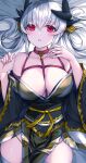  bare_shoulders black_kimono blush breasts collarbone commentary_request cowboy_shot dragon_girl dragon_horns fate/grand_order fate_(series) hands_up highres horns japanese_clothes kimono kiyohime_(fate) large_breasts long_hair long_sleeves looking_at_viewer lying morizono_shiki off_shoulder parted_lips red_eyes smile solo thighhighs white_hair white_thighhighs wide_sleeves 