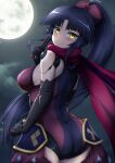  1girl absurdres android ass back bare_shoulders black_hair blush breasts fate/grand_order fate_(series) full_moon highres joints katou_danzou_(fate) large_breasts leotard long_hair looking_at_viewer looking_back moon night night_sky parted_bangs ponytail purple_leotard red_scarf robot_joints scarf sidelocks sky smile solo sotomichi yellow_eyes 