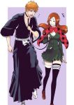  1boy 1girl black_hakama bleach blush bow brown_eyes brown_footwear brown_hair burn_the_witch buttons closed_eyes crossover floating_hair green_jacket green_skirt hakama holding holding_leash inoue_orihime jacket japanese_clothes jay_00j kurosaki_ichigo leash long_hair long_sleeves obi open_mouth orange_hair parted_bangs plaid_capelet purple_background red_bow sandals sash school_uniform shihakusho shirt skirt smile sweat tabi thigh_strap thighhighs walking white_shirt wide_sleeves 