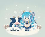  &gt;_&lt; 1girl :3 animal beamed_eighth_notes bell blue_bow blue_bowtie blue_hair blue_mittens blue_skirt blurry blurry_background boots bow bowtie capelet chibi closed_eyes commentary cow cowbell ear_tag eighth_note facing_viewer fake_horns fence fur-trimmed_boots fur-trimmed_capelet fur_trim hair_ornament hatsune_miku headdress highres holding holding_staff horns ice_cream_cone inomo_(qimoshu) long_hair musical_note musical_note_hair_ornament neck_bell oversized_object skirt smile snow snowflakes snowing solo spoon sprinkles staff standing symbol-only_commentary twintails very_long_hair vocaloid waffle_cone wavy_hair white_hair white_headwear yellow_capelet yuki_miku 