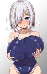  1girl blue_eyes blue_one-piece_swimsuit blush breasts collarbone covered_navel grabbing_own_breast gradient_background grey_hair groin hair_ornament hairclip hamakaze_(kancolle) highres huge_breasts kantai_collection looking_at_viewer one-piece_swimsuit open_mouth school_swimsuit short_hair solo swimsuit upper_body yoshi_tama 