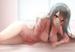  1girl absurdres black_hair blanket blush breasts brown_eyes cleavage hair_between_eyes hair_ornament hairband hairclip haruna_(kancolle) highres indoors kantai_collection large_breasts long_hair looking_at_viewer lying no_pants nuka_(nvkka) on_bed on_side panties pink_shirt shirt solo under_covers underwear white_hairband white_panties 