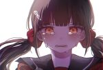  1girl black_sailor_collar blunt_bangs blush brown_eyes commentary_request crying danganronpa_(series) danganronpa_v3:_killing_harmony hair_ornament hair_scrunchie hairclip harukawa_maki highres looking_at_viewer lower_teeth_only mole mole_under_eye portrait red_scrunchie red_shirt ringo_ame_no_ria sailor_collar scrunchie shirt simple_background solo tears teeth twintails white_background 
